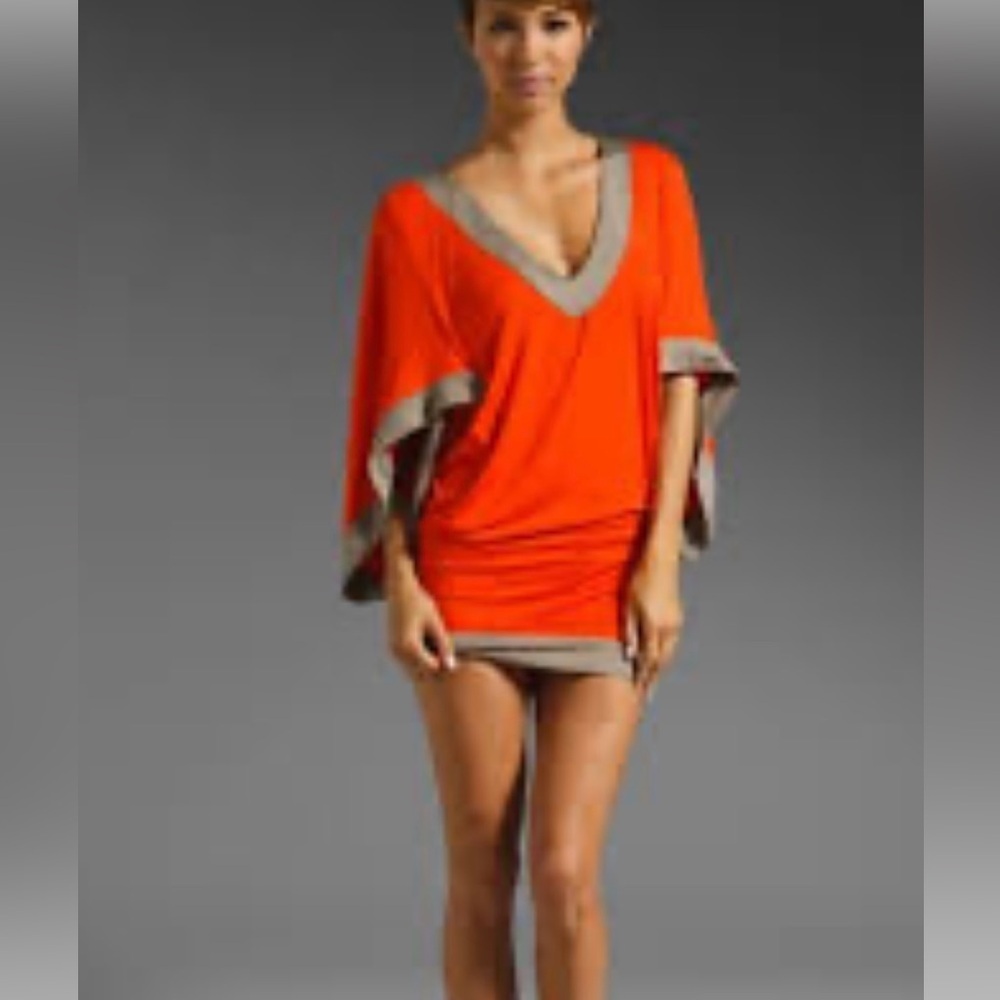Women’s Trina Turk Orange & Gray Modal V Neck Long Bell Sleeve Knee Length Dress